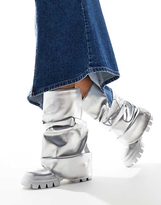 Azalea Wang Mate foldover knee boots in metallic silver | ASOS Azalea Wang Mate foldover knee boots in metallic silver | ASOS