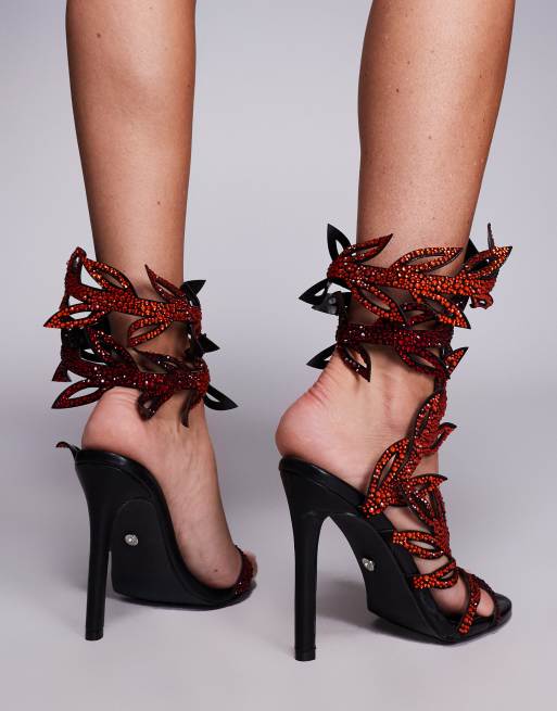 Azalea Wang Meier embellished spiral heeled sandals in black and red, 2 of 4