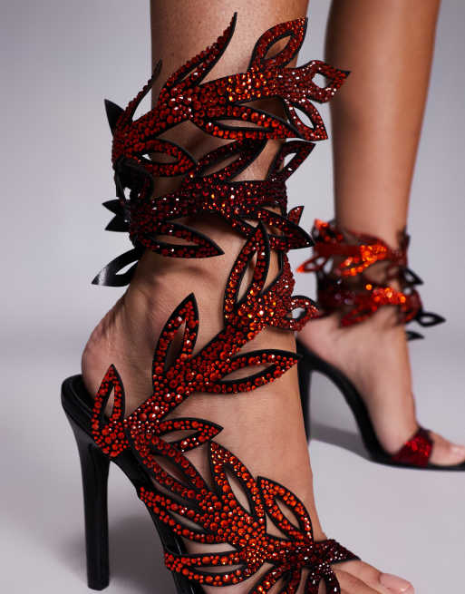 Azalea Wang Meier embellished spiral heeled sandals in black and red, 3 of 4