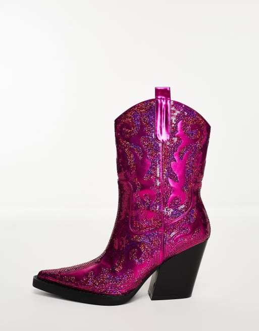 Azalea Wang Merril sequin embellished western boot in pink | ASOS