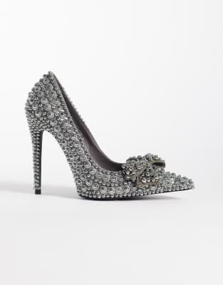 Azalea Wang Naamah Faux Pearl Embellished Heeled Shoes In Gray