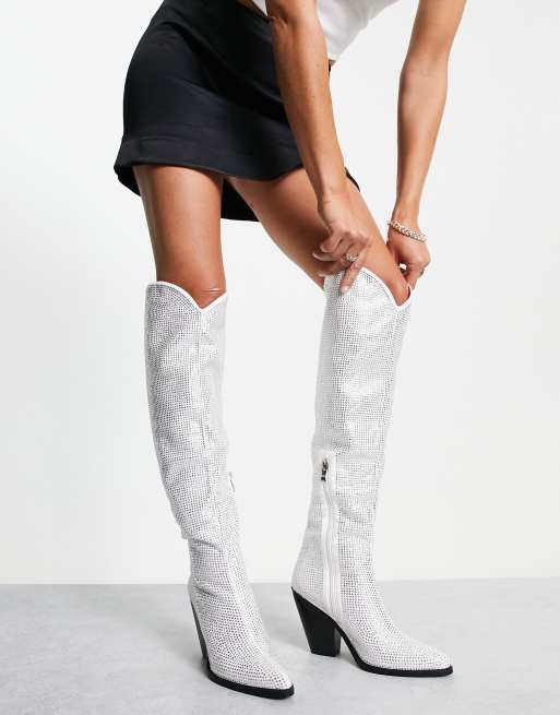 Azalea Wang Nash rhinestone western boots in white and silver