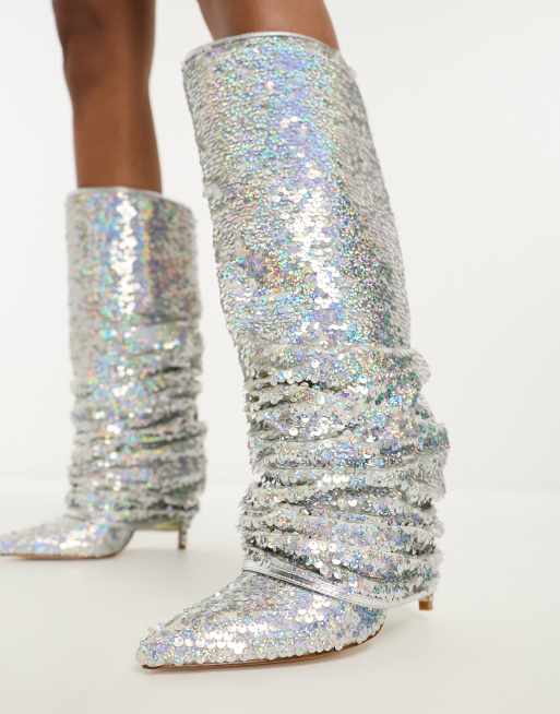 Azalea Wang Nebula sequin slouch knee boots in silver