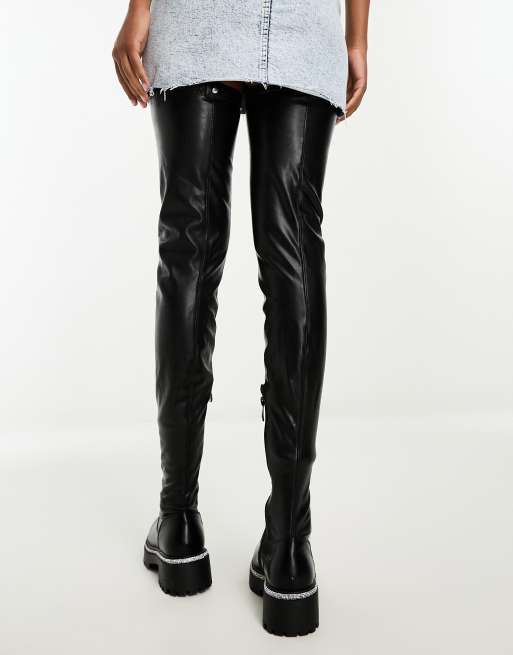 Azalea Wang New Rules over the knee boots with diamante trim in black, 2 of 4