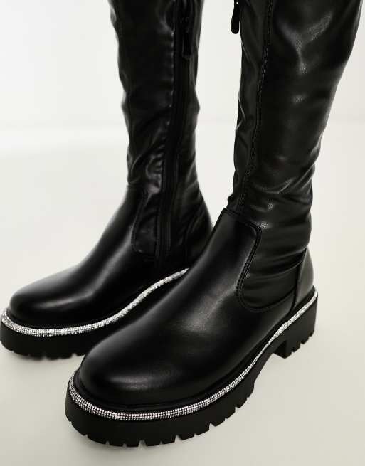 Azalea Wang New Rules over the knee boots with diamante trim in black, 3 of 4