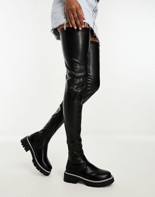 Azalea Wang Newrules over the knee boot with diamante trim in black - ASOS Price Checker