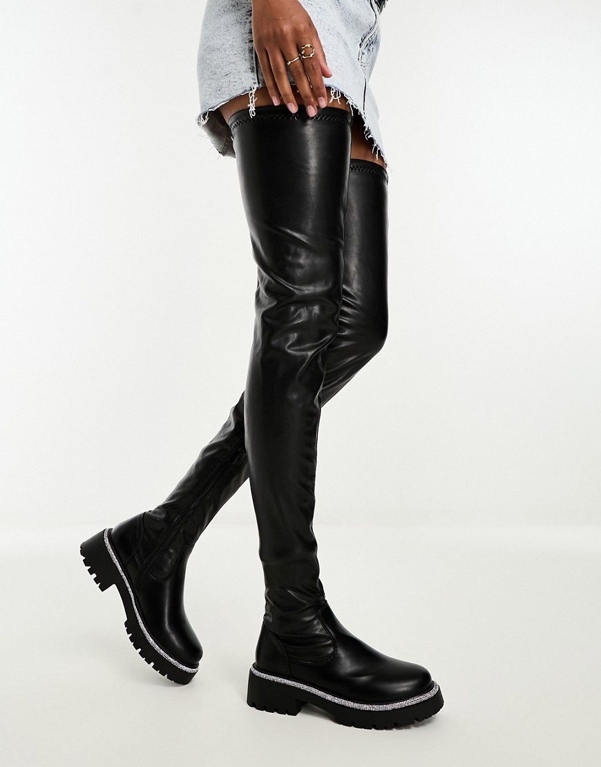 Azalea Wang Newrules over the knee boot with diamante trim in black