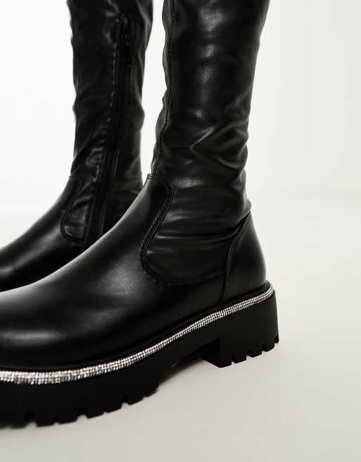 Azalea Wang Newrules over the knee boot with diamante trim in black ASOS