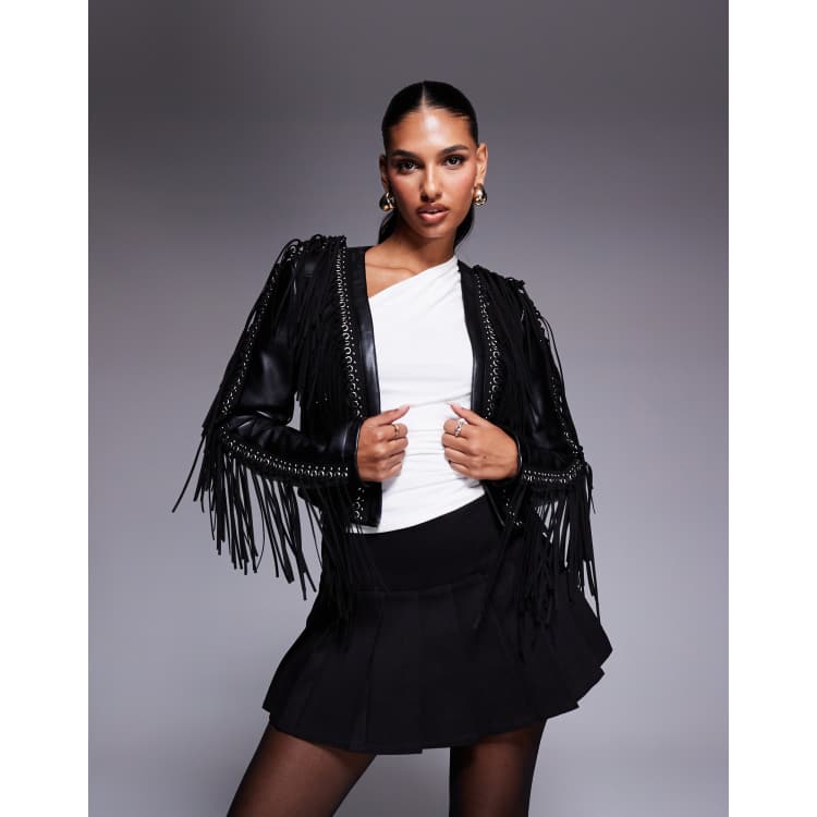Azalea Wang Olivier faux leather cropped jacket with fringe detail
