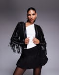 [AZALEA WANG] Azalea Wang Olivier faux leather cropped jacket with fringe detail in black S BLACK