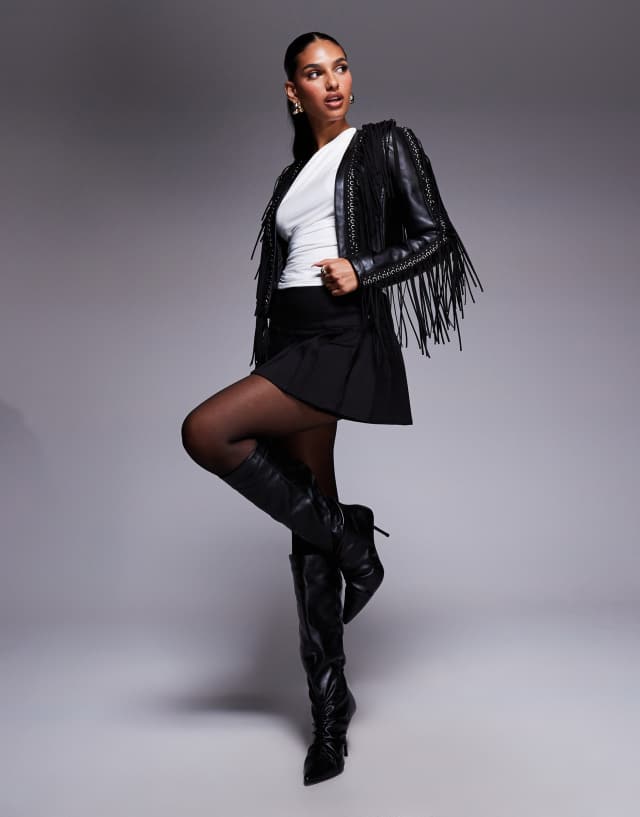 Azalea Wang Olivier faux leather cropped jacket with fringe detail