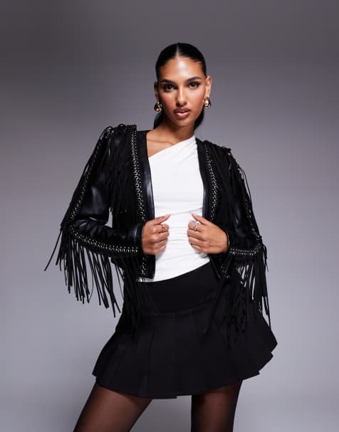 Azalea Wang - Olivier - Veste courte imitation cuir à franges - Noir - view 1