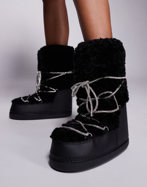 Azalea Wang - Olwen - Bottes de neige duveteuses avec lacets à ornements - Noir