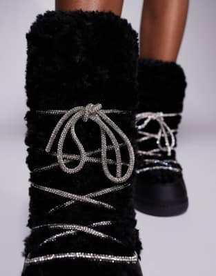 Azalea Wang Olwen Fluffy Snow Boots With Embellished Laces In Multi