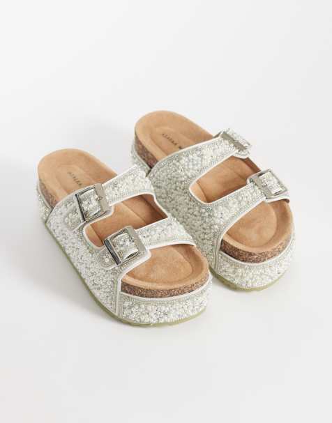 Azalea Wang Opaline flatform buckle sandals with pearls in ivory - view 1