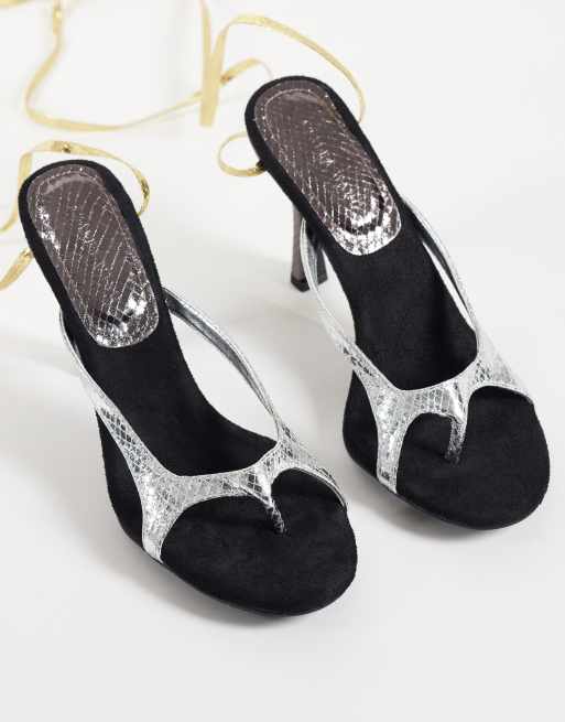 Azalea Wang Otrisse strappy heeled sandals with tie leg in multi metallic, 2 of 4