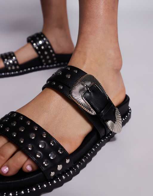 Azalea Wang Pallas studded buckle detail sandals in black, 4 of 4
