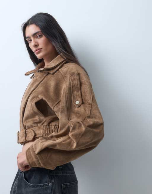 Azalea Wang Papoose cropped biker jacket in brown suedette, 5 of 5
