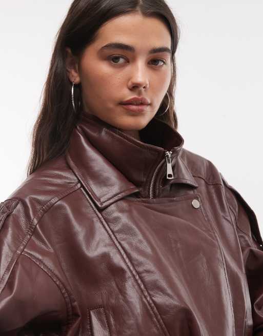 Azalea Wang Papoose cropped biker jacket in burgundy PU, 3 of 4