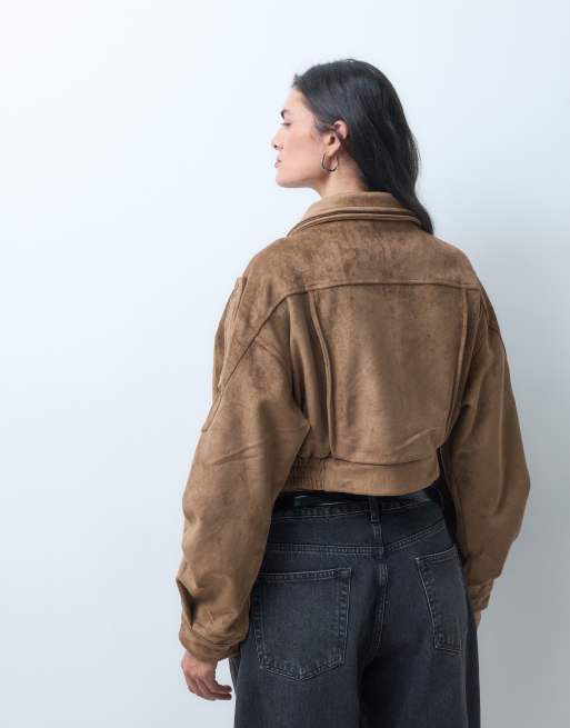 Azalea Wang Papoose cropped bikerjakke i brun suedette, 4 af 5