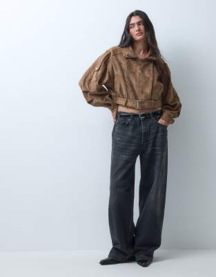 Azalea Wang Papoose cropped moto jacket in brown suedette | ASOS