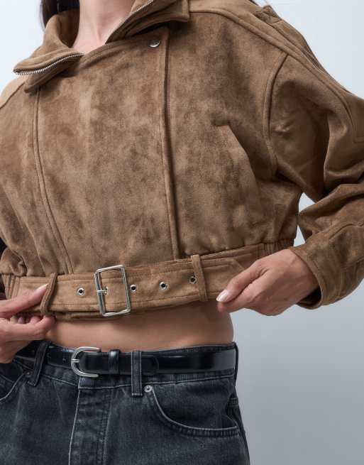 Azalea Wang Papoose cropped moto jacket in brown suedette, 3 of 5