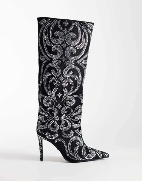 Azalea Wang parfum botas altas hasta la rodilla de punta con estampado intrincado de lentejuelas en negro y plata - view 1