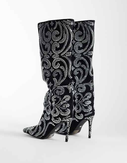 Azalea Wang parfum pointed knee boots with intricate sequin pattern in black and silver, 2 of 4