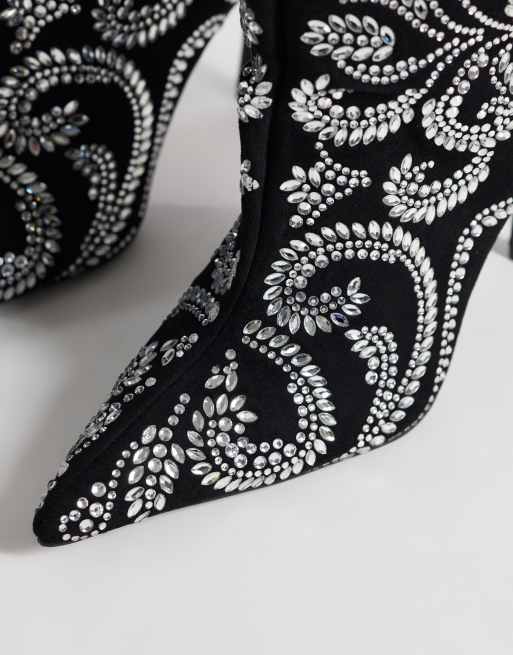 Azalea Wang parfum pointed knee boots with intricate sequin pattern in black and silver, 3 of 4