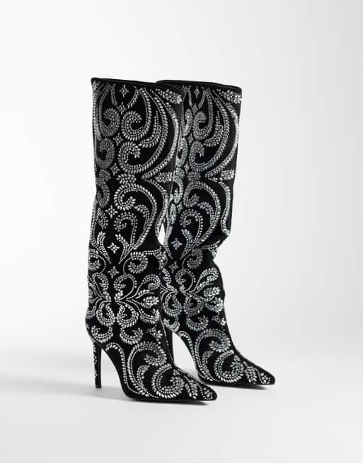 Azalea Wang parfum pointed knee boots with intricate sequin pattern in black and silver, 4 of 4