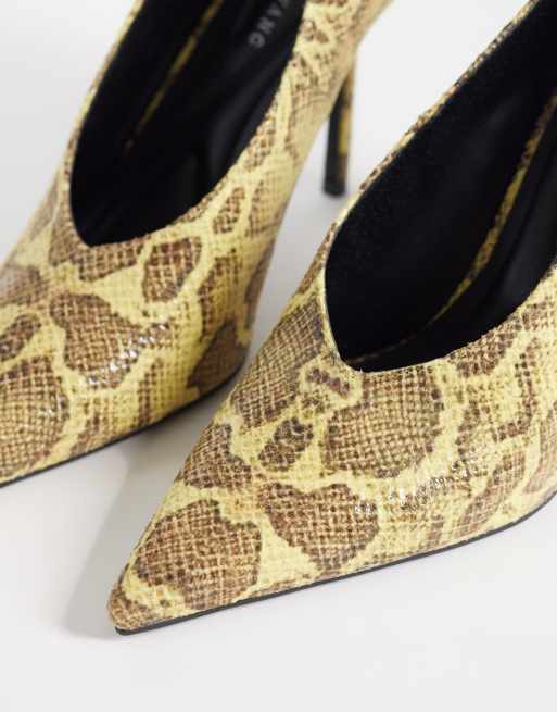 Azalea Wang Patricc high vamp heeled shoes in yellow snake, 2 of 4