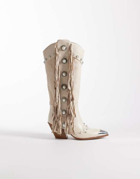 Azalea Wang Pelagius embellished tassel knee boot in cream - view 1