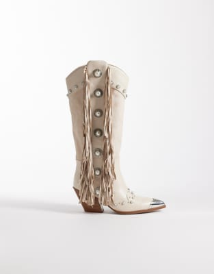 Pelagius embellished tassel knee boots in cream-White