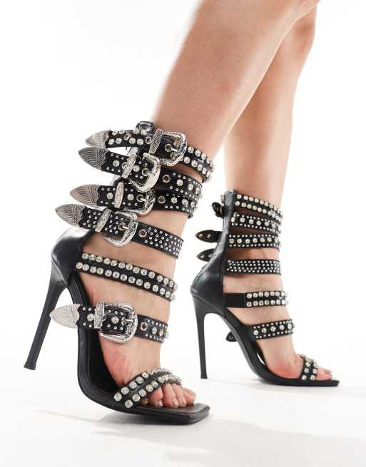 Azalea Wang Peppermint studded buckle heeled sandals in black | ASOS