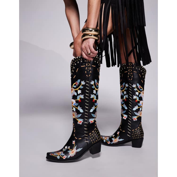 Azalea Wang Phineas floral embroidered western boots in black | ASOS