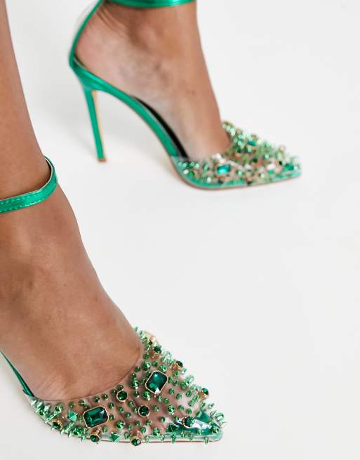 Azalea Wang Popstar diamante heeled shoes in green , 3 of 4