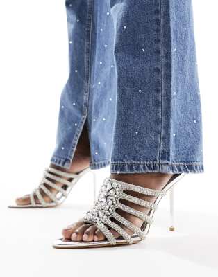 Prancer caged embellished high heeled mules in silver