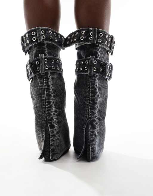 Azalea Wang Qistina buckle foldover boots in black denim | ASOS