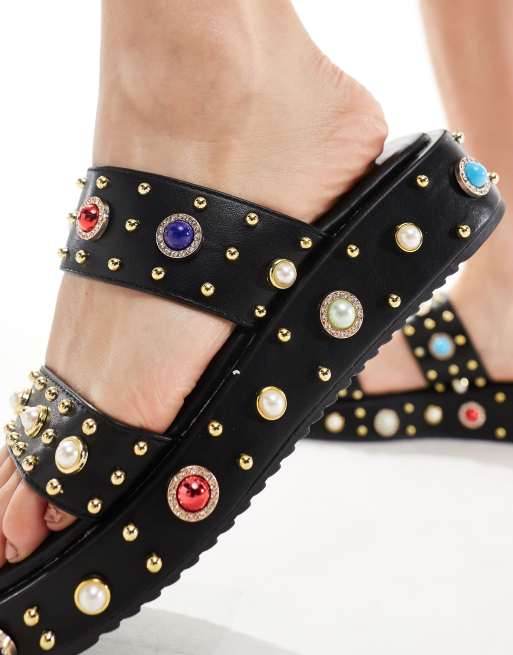 Azalea Wang Rajah gem embellished sandals in black | ASOS
