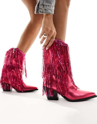 Azalea Wang - Ranger - Cowboystiefel in Fuchsia mit Fransen-Rosa