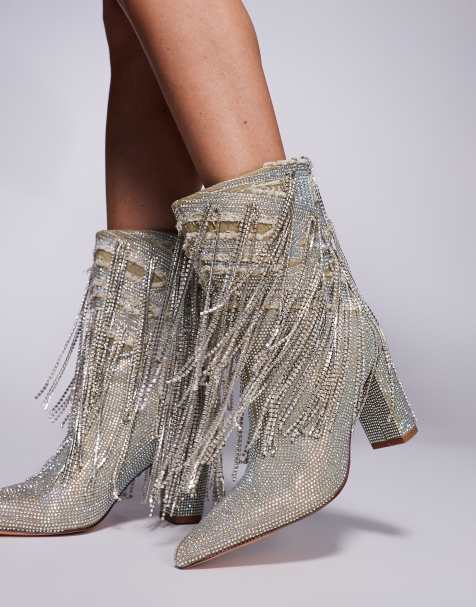 Azalea Wang – Relentless – Silverfärgade, utsmyckade ankelboots med klack och fransar - view 1