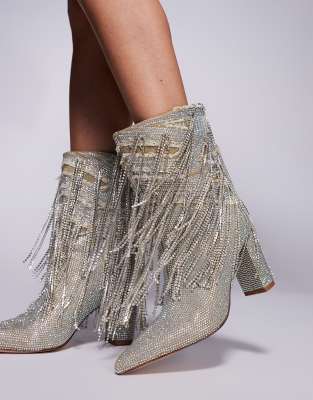 Azalea Wang - Relentless - Verzierte Stiefeletten in Silber mit Fransen und Absatz