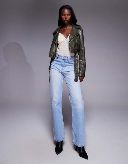 Azalea Wang - Remy - Imitatieleren cropped bikerjack in olijfgroen, 2 van 4