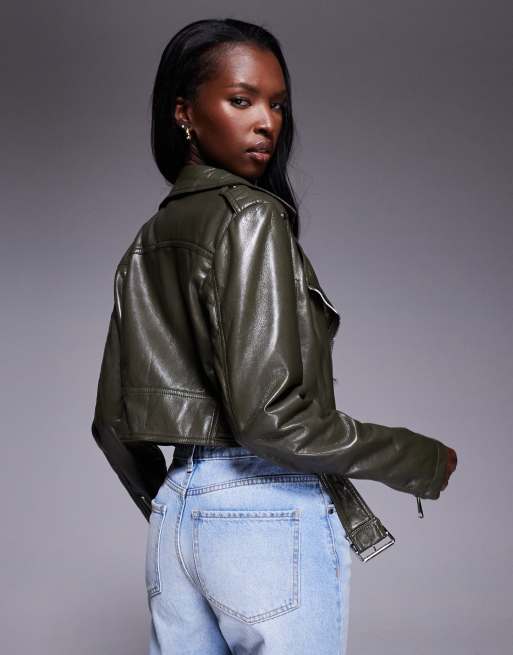Azalea Wang - Remy - Imitatieleren cropped bikerjack in olijfgroen, 3 van 4