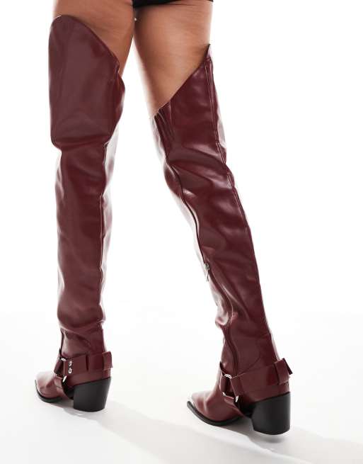 Azalea Wang - Ria - Over-de-knie westernlaarzen in bordeauxrood, 4 van 4