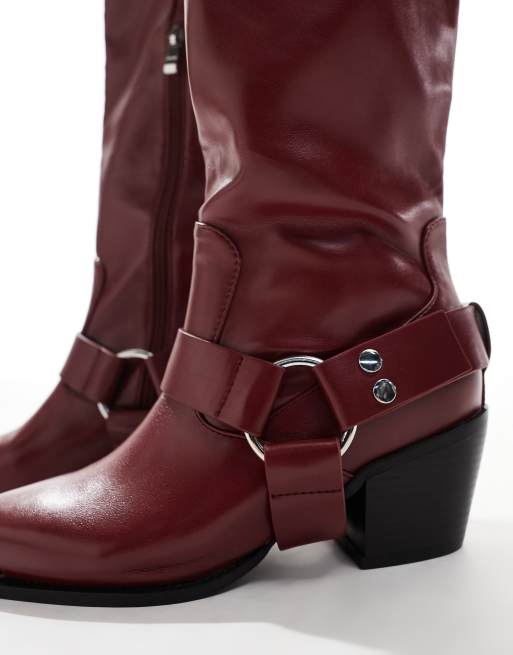 Azalea Wang – Ria – Vinröda boots i cowboystil som går över knäna, 3 av 4