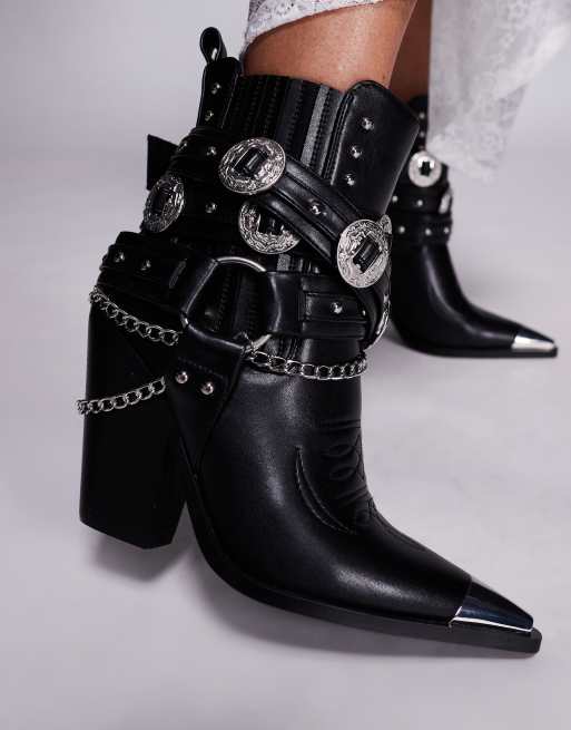 Azalea Wang - Riggins - Stivaletti stile western neri con suola spessa e fibbie, 3 di 4