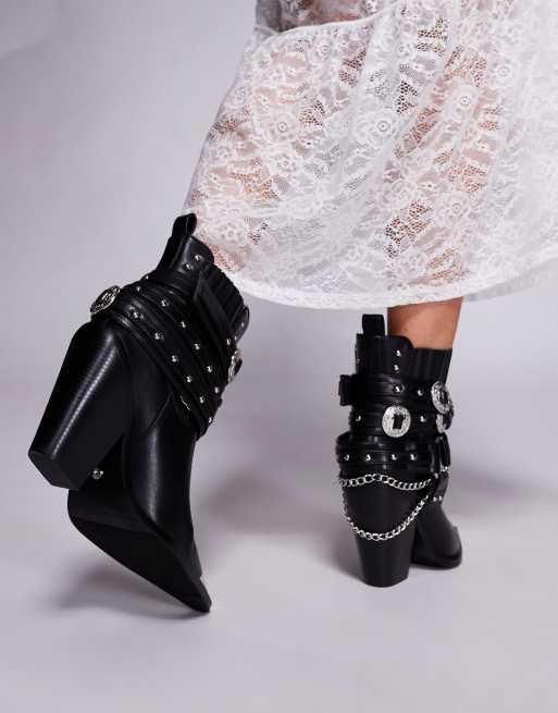 Azalea Wang - Riggins - Stivaletti stile western neri con suola spessa e fibbie, 4 di 4