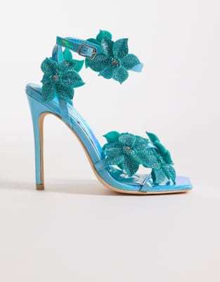 Romi high heel sandals with embellished flowers in aquamarine-Blue