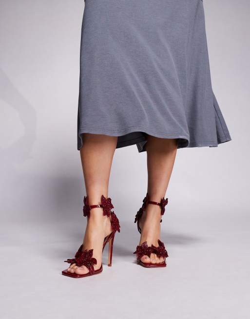 Azalea Wang Romi high heeled sandal with embellished flowers in cherry, 3 of 4